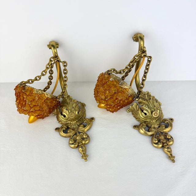 Vintage Pair of Czech Amber Glass Beaded Wall Sconces For Sale - Image 4 of 12