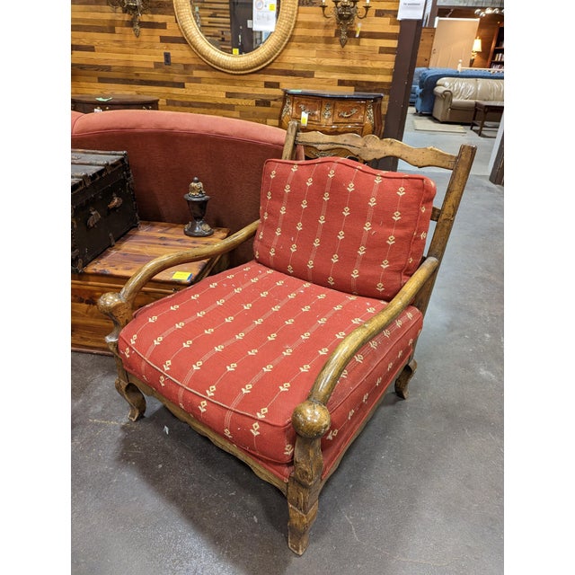 Guy Chaddock upholstery collection knuckle lounge chairs (UC3001) and ottoman. Features a distressed French Country...