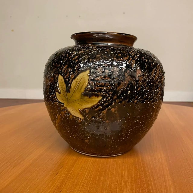 Japanese Textured Ceramic Vase With Maple Leaf Motif For Sale - Image 4 of 8