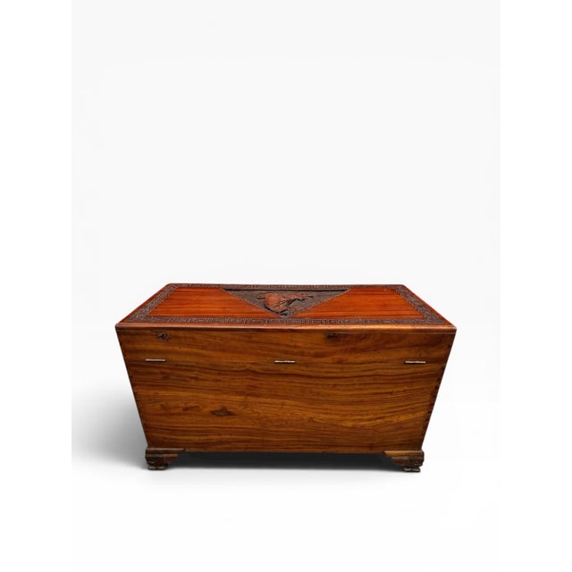 Vintage Hand-Carved Camphor Wood Trunk Chest With Greek Key Motif & Brass Hardware For Sale - Image 4 of 14