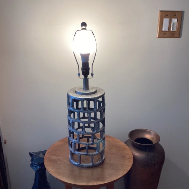 Late 20th Century 20th Century Modern Brutalist Style Cylinder Shape Iron Lamp Geometric Pattern For Sale - Image 5 of 12