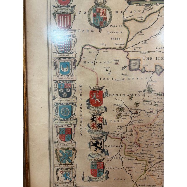 Traditional 17th Century Joan Blaeu Hand-Colored Map of Cambridgeshire, England For Sale - Image 3 of 6