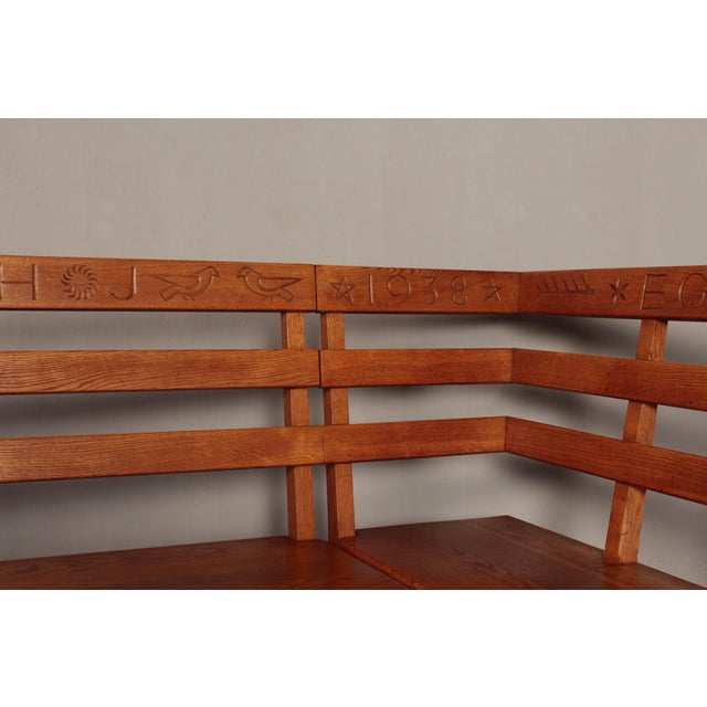 Alpine Corner Bench in Oak with Christian Symbolism, 1930s, Set of 2 For Sale - Image 14 of 18