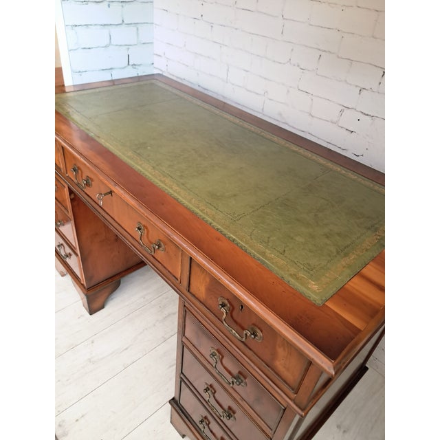 Antique Twin Pedestal Desk in Dark Yew Wood and Leather Top, 1980 For Sale - Image 12 of 18