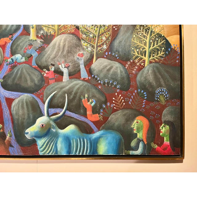 Folk Art 1970 Original Oil on Canvas Painting by Hungarian Artist Tamás Galambos For Sale - Image 3 of 9