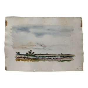 Henry Emil Salloch Original Watercolor on Paper Coastal Marsh Landscape, 1948.