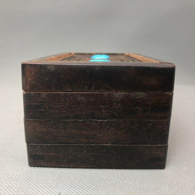 1970s Vintage Rosewood Puzzle Box With Turquoise Inlay & Hidden Lock Mechanism For Sale - Image 5 of 10