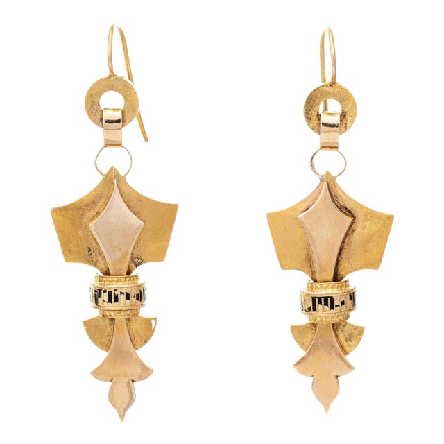 Antique Victorian Etruscan Revival Earrings Fleur de Lis 18k Gold 2.5" Drops - 2 Pieces For Sale