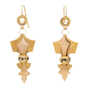 Antique Victorian Etruscan Revival Earrings Fleur de Lis 18k Gold 2.5" Drops - 2 Pieces