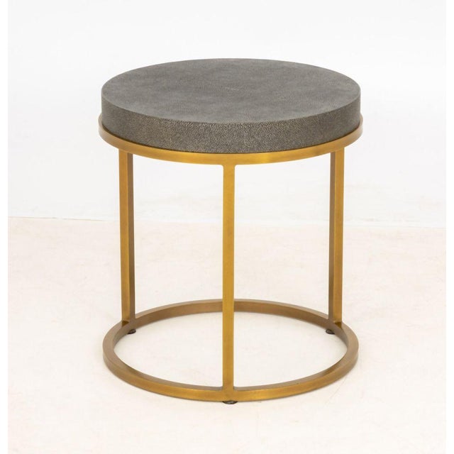 Restoration Hardware Faux Shagreen Side Table, on a cylindrical brass base, label to underside. 19.5" H x 18" Diameter....