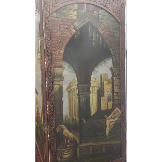 19th-Century Replica Three-Panel Folding Screen — Oil-Painted Italian Landscapes With Carved Walnut Frame & Marquetry Inlay For Sale - Image 4 of 10