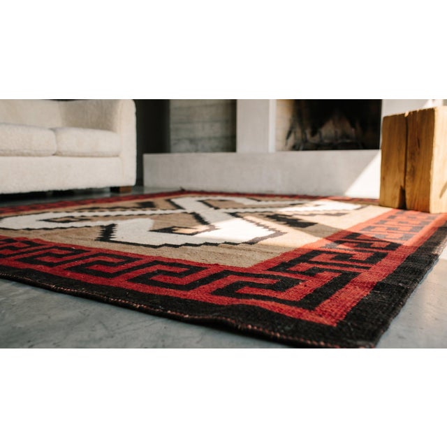 Camel 1920s Gray Geometric Tribal Antique American Navajo Rug 5'6" X 6'6" Flatweave Wool Carpet For Sale - Image 8 of 10