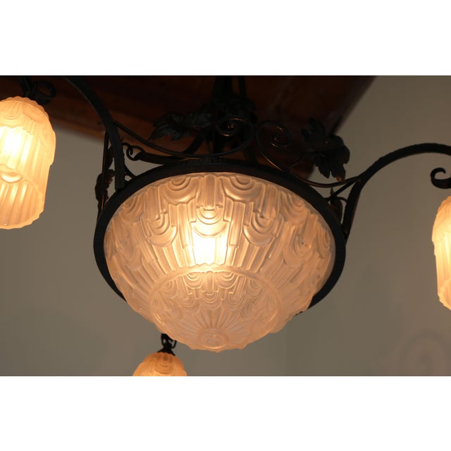 Antique French Art Deco Geometric Wrought Iron and Frosted Glass Chandelier, 1930 For Sale - Image 4 of 15