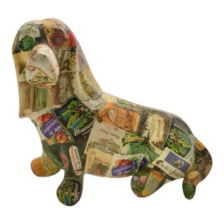 Late 20th Century Dog Sculpture Basset Hound Paper Mache French Labels Vintage Store Front Decor For Sale