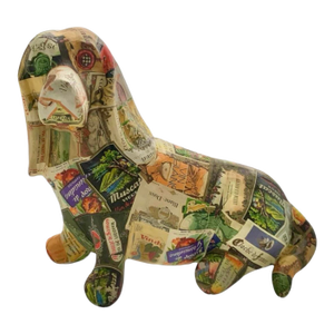 Late 20th Century Dog Sculpture Basset Hound Paper Mache French Labels Vintage Store Front Decor