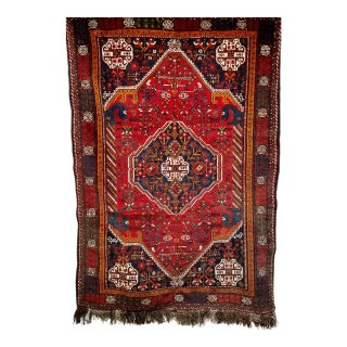 Vintage Persian Qashqai Tribal Area Rug, Hand-Knotted Wool, Vegetable Dye, Geometric Medallions, 6x8, Red & Navy For Sale