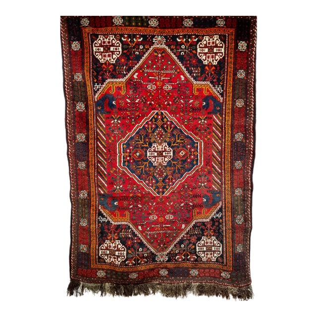 Vintage Persian Qashqai Tribal Area Rug, Hand-Knotted Wool, Vegetable Dye, Geometric Medallions, 6x8, Red & Navy For Sale