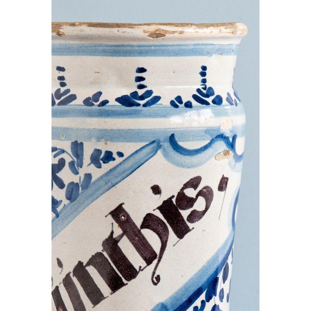 Black 18th Century Spanish Blue & White Albarello Jar For Sale - Image 8 of 12