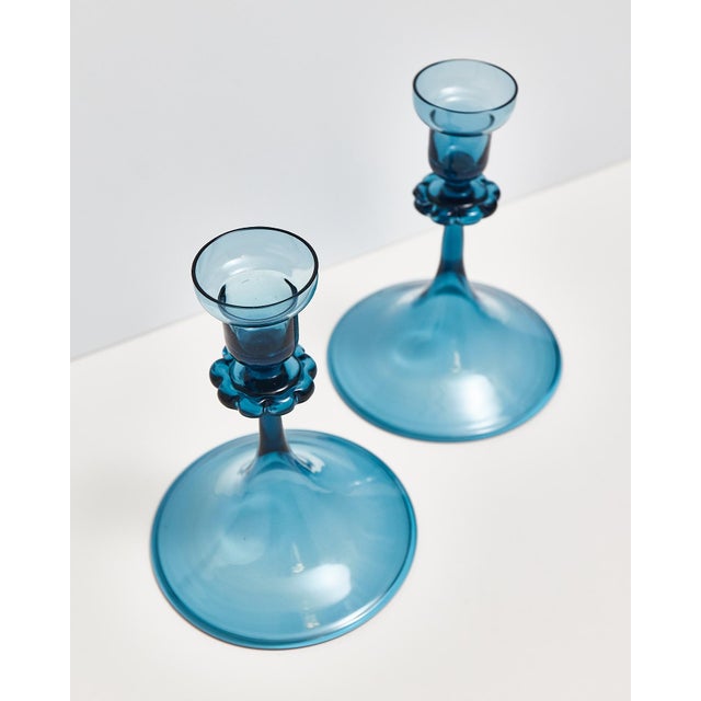 Blue Mid Century Blue Glass Orrefors Swedish Candlestick Pair For Sale - Image 8 of 15