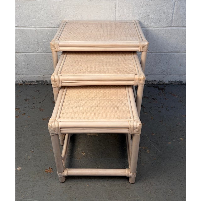 Mid 20th Century Vintage Set of Three Rattan and Cane Nesting Tables For Sale - Image 5 of 10