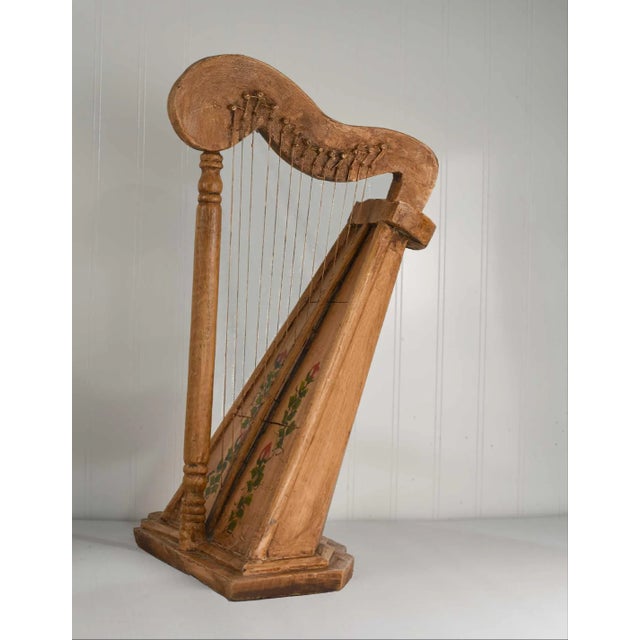 Traditional Vintage Celtic Irish Table Harp Carved Painted With Floral Decoration For Sale - Image 3 of 15