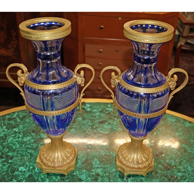 Pair of Late 19th Century Neoclassical Russian Bronze & Cut Cobalt Glass Vases For Sale - Image 9 of 17