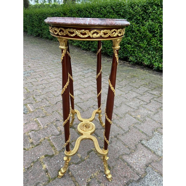 Late 20c Handcrafted Louis XVI Gold Mahogany Marble Side Table For Sale - Image 6 of 12