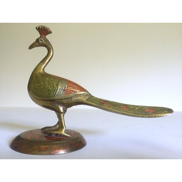 Vintage Mid Century India Cast Brass Hand Incised Color Peacock Bird