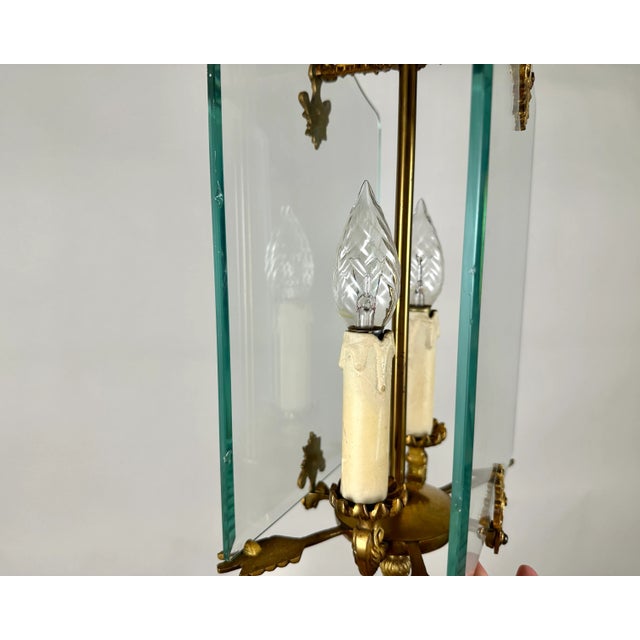 Vintage Bronze and Glass Lantern Pendant, France, 1950s For Sale - Image 4 of 9