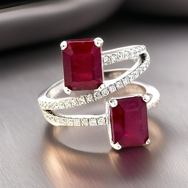 Metal Natural Dual Ruby Diamond Ring 6.5 14k W Gold 5.02 TCW Certified For Sale - Image 7 of 12