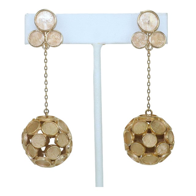 1950's Crown Trifari Mod Gold Tone Drop Dangle Earrings, a Pair For Sale