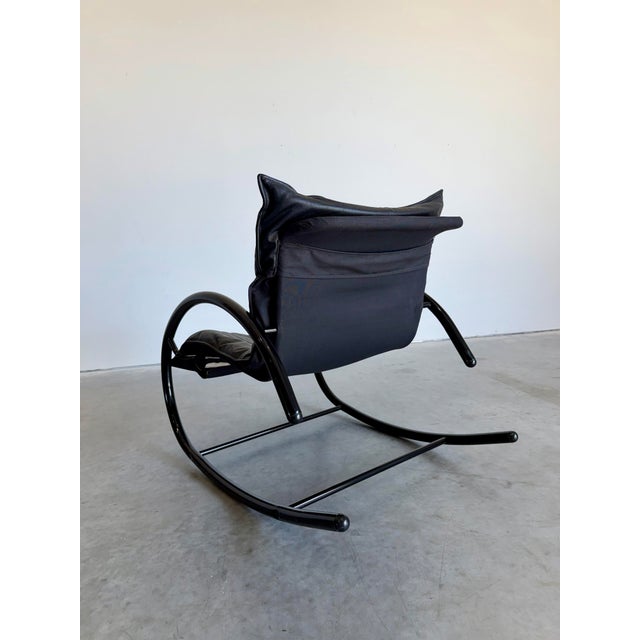 Magnus Olesen Post Modern Black Tubular Metal and Leather Rocker Attrb Les Amisco Canada c.1980's For Sale - Image 4 of 9
