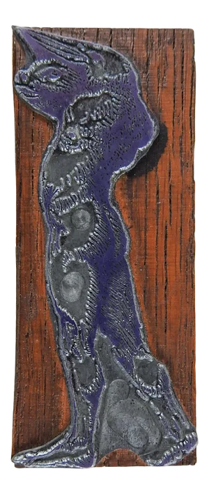 Etched Metal & Wood Print Block in the Manner of Leonard Baskin Bird Pig Man