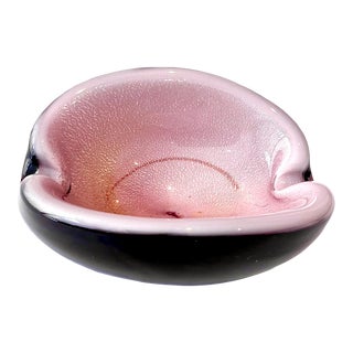 Mid-Century Modern Italian Murano Art Glass Bowl Black Sommerso and Lavender-Pink W/Shimmering Aventurine Gold Silver Copper Infusions For Sale