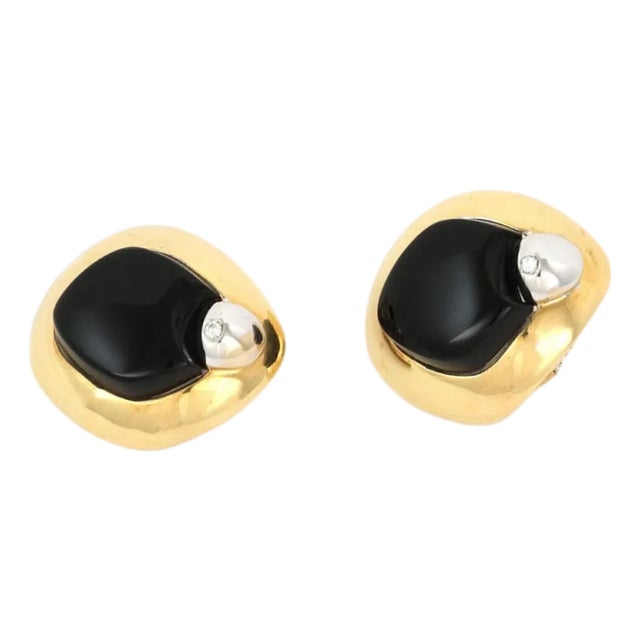 Mid 20th Century Pair of Talento Diamond Onyx 18k Two Tone Gold Fancy Post Clip Earrings For Sale