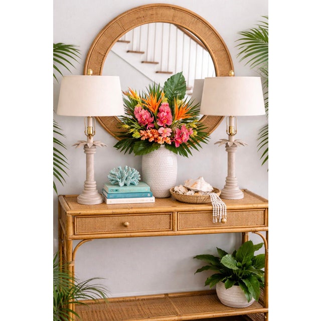 Fantastic vintage Italian tole lamps in the shape of Palm Trees, a sand color for your coastal decor. Heavy combination of...