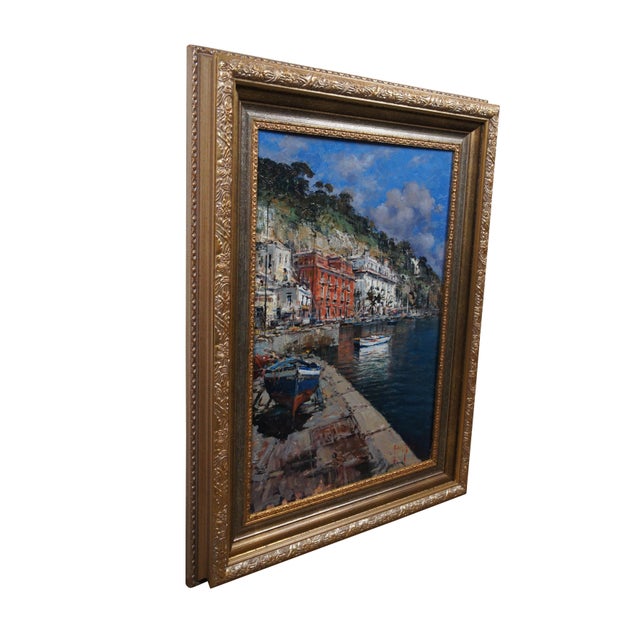 Late 20th century Italian seascape oil painting on board titled Posillipo by Andrea Patrisi, depicting a harbour view of...
