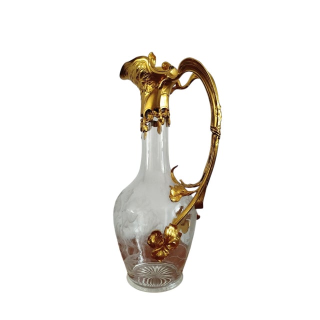 Antique Art Nouveau Belle Epoque Jug in Gilt Metal Ormolu and Hand-Engraved Glass, 1900s For Sale - Image 3 of 18