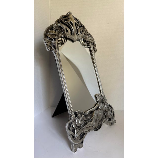 Art Nouveau Vintage Art Nouveau Style Figural Lady Silver Finish Table or Wall Mirror For Sale - Image 3 of 12
