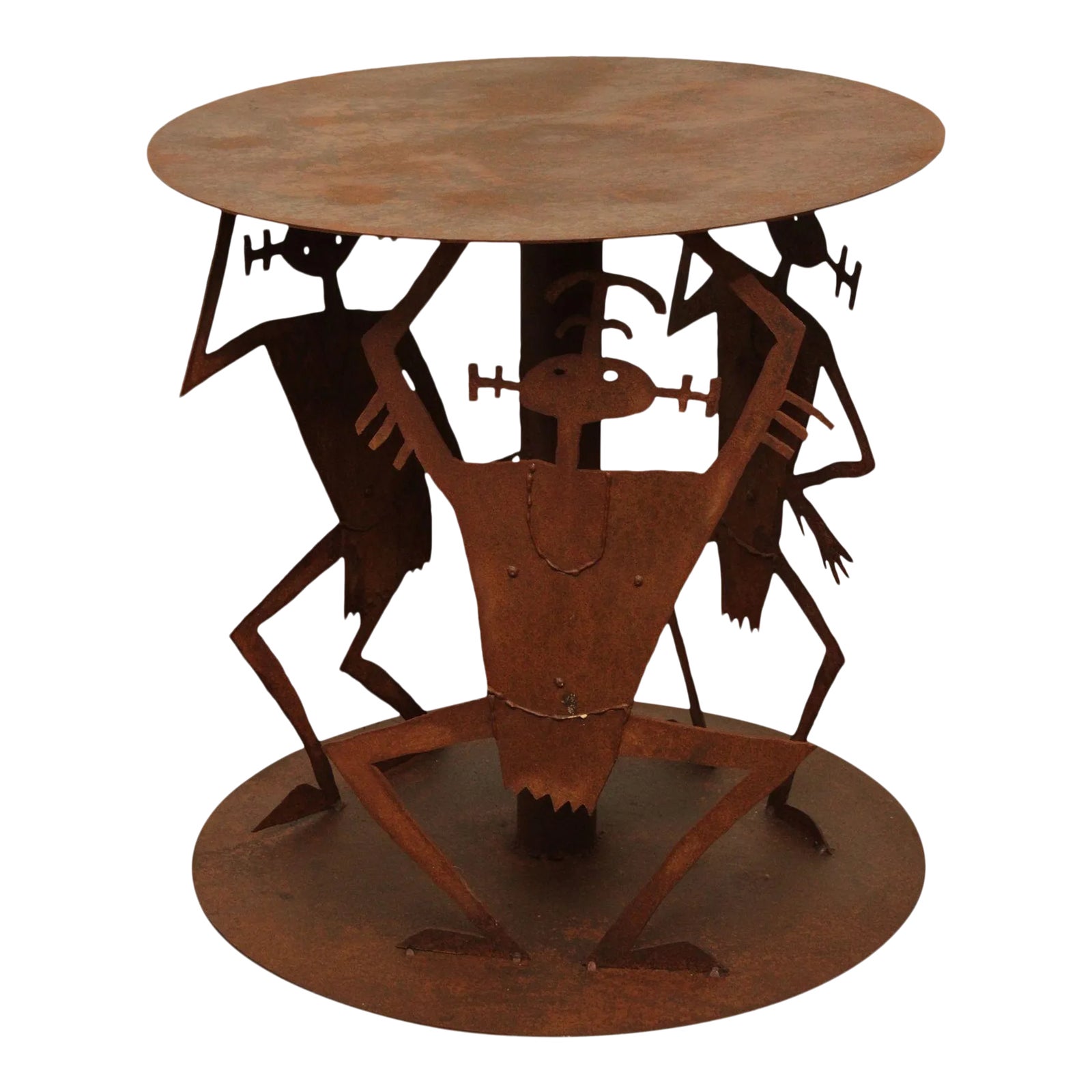 Studio Crafted Rusted Steel Round Garden Table, Dancing Figures | Chairish