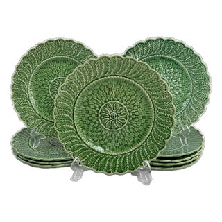 1980s Portuguese Faianças Green Basket Weave Plates - Set of 9 For Sale