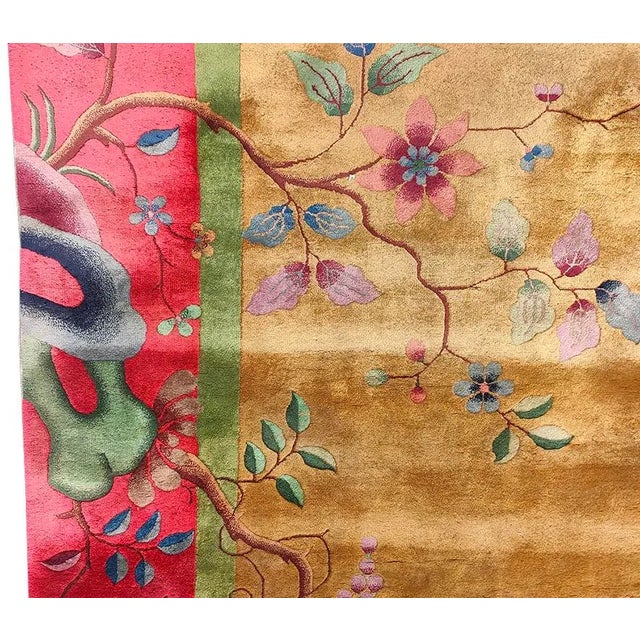 1920s Yellow Gold Floral Antique Chinese Art Deco Carpet 9' X 11'8" Knotted Wool Rug For Sale - Image 10 of 11