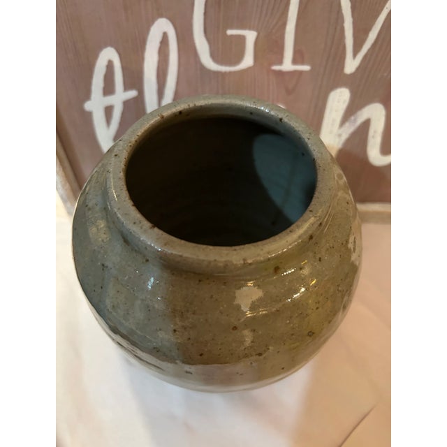 Mid-Century Modern 1980s Vintage Rustic Weathered Look Green Glazed Pottery Vase For Sale - Image 3 of 6