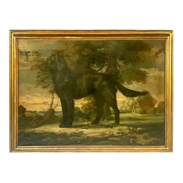 Black Labrador Retriever Painting, Oil on Canvas in Giltwood Frame For Sale