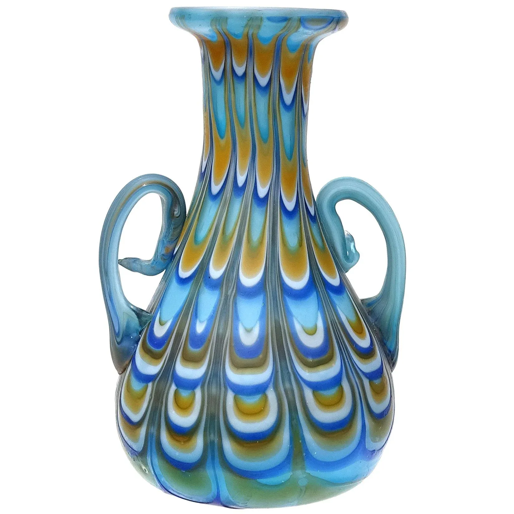 Fratelli Toso Murano 花器、ベネチアングラス 花器 Antique Fratelli Toso Murano Fenicio Blue White Orange Pulled