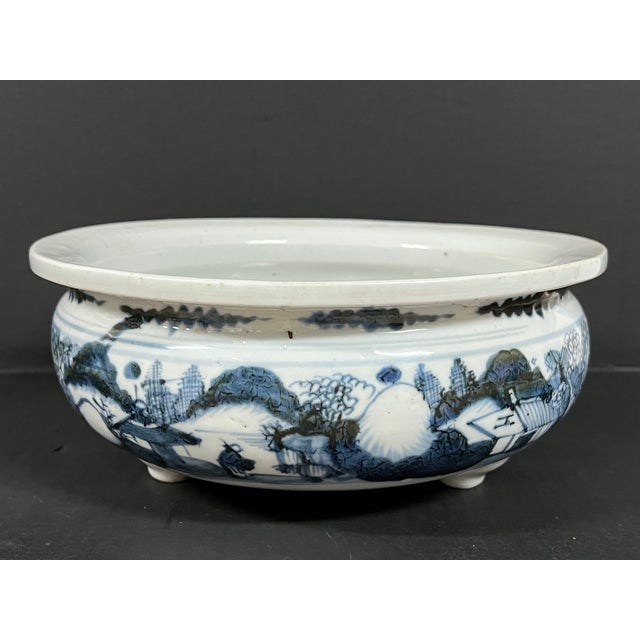 Late 20th Century Late 20th Century Chinese Art Porcelain Blue and White Incense Burner With Mountain Scenery Design For Sale - Image 5 of 14