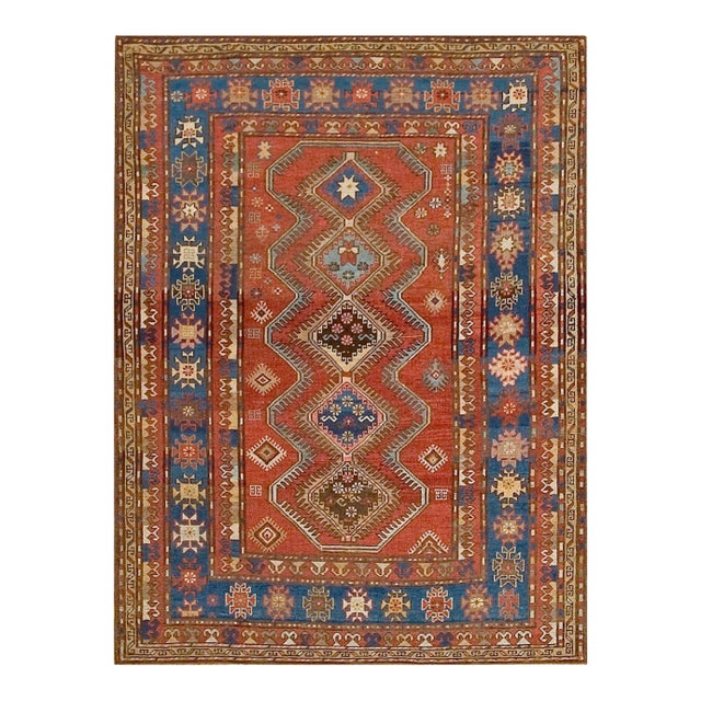 1900s Red Diamond Antique Caucasian Rug 4' 4" X 6' 0" Handknotted Wool Carpet For Sale