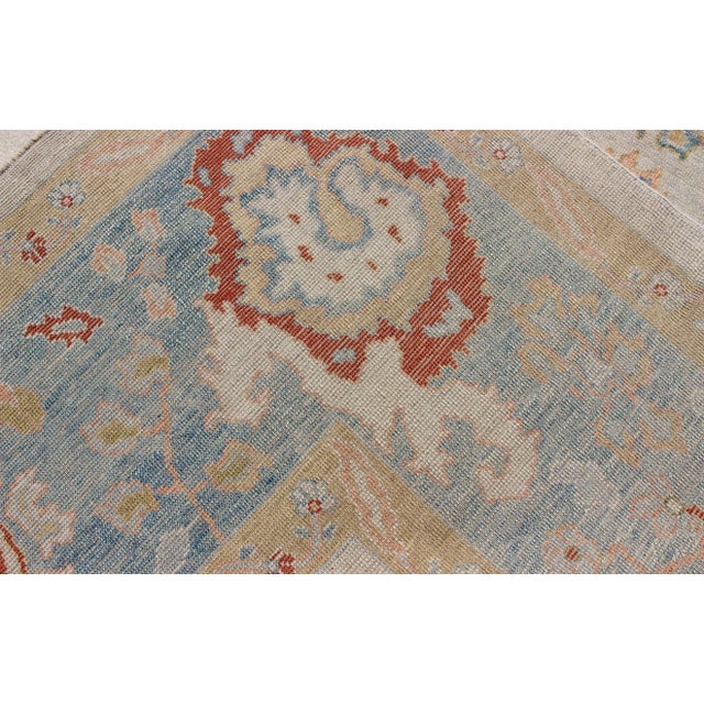Large Angora Oushak Turkish Rug With All Over Design in Light Blue, Ivory & Red For Sale - Image 12 of 13