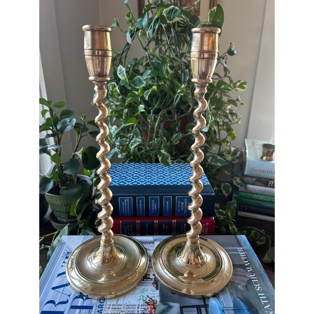 Victorian Vintage Brass Solid Barley Twist Victorian Style Candlestick Holders - A Pair For Sale - Image 3 of 7