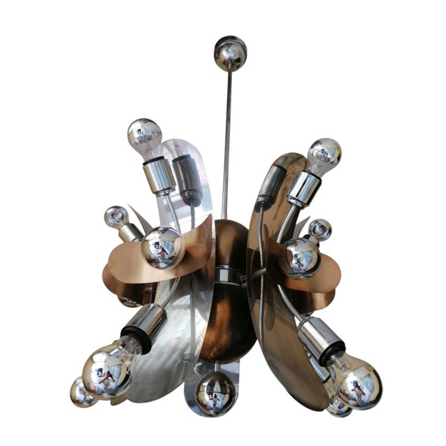 Space Age Pendant in Chromed Steel and Brass, 1970s, in Flawless conditions. Designed 1970 to 1979 Up to 250V (Europe/UK...